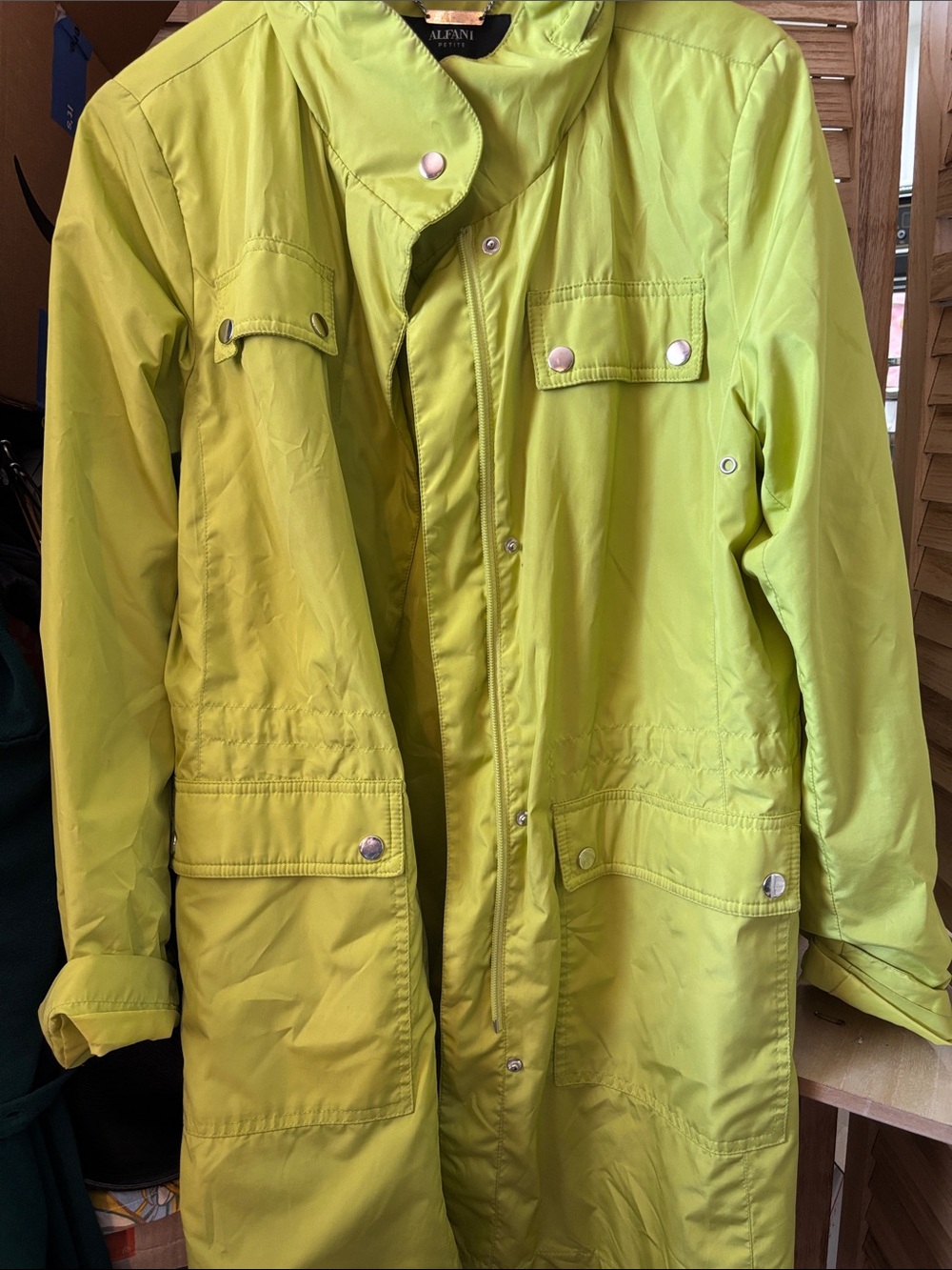 Alfani Ladies Bright Green Raincoat with Snap And Zipper Front Petite Medium